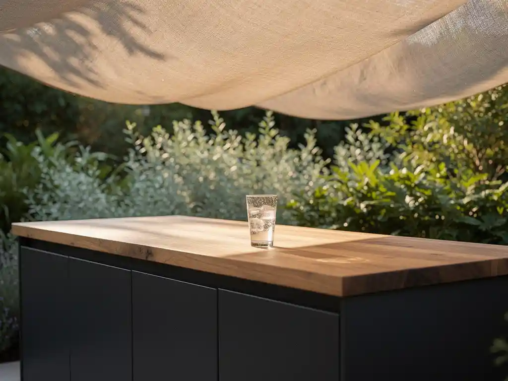 Buitenkeuken van staal en eikenhout op beschaduwd terras, met condensglas op het werkblad en weelderig groen op de achtergrond.