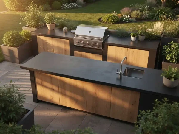 Luxe buitenkeuken van staal en eikenhout met ingebouwde grill op tuinterras, badend in warm middagzonlicht.