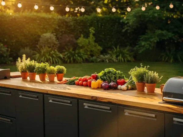 Buitenkeuken met stalen werkblad en eiken hout, verse kruiden en groenten uitgestald, lichtsnoeren boven weelderige tuin bij gouden uursunlicht.