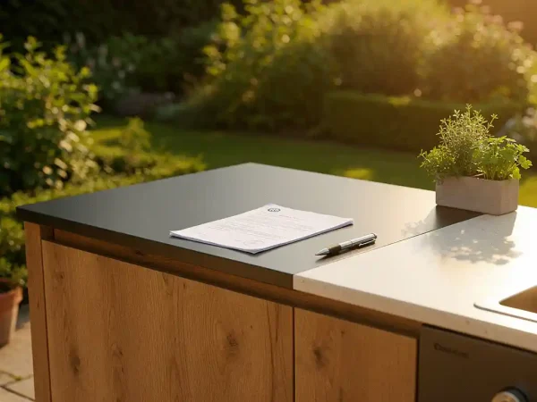 Buitenkeuken van staal en hout op terras met gevouwen document, pen en verse kruiden in middagzon.