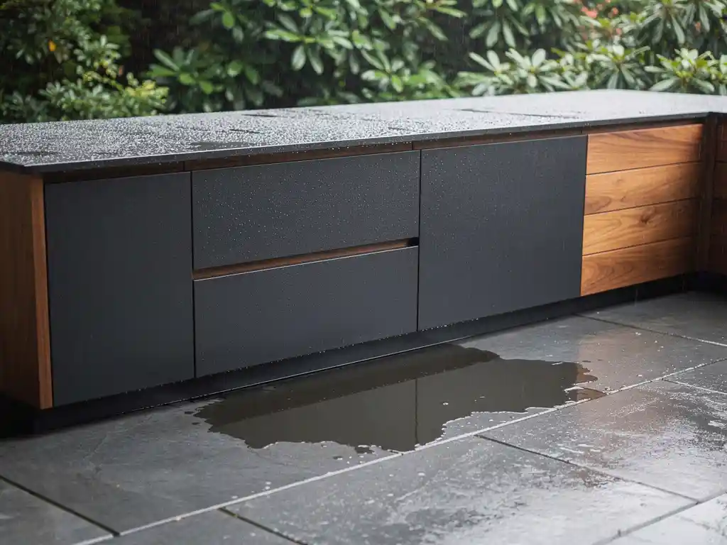 Waterdruppels parelend op het verzegelde werkblad van een stalen en eiken buitenkeuken tijdens regen, met droge kastverbindingen op natte leisteen.