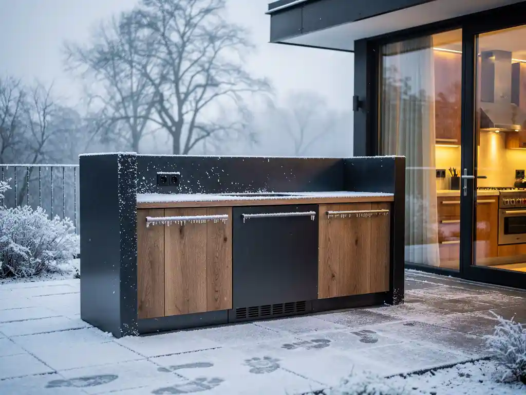 Stalen en houten buitenkeuken op besneeuwd terras, met rijpkristallen op donker metaal en kale winterbomen op de achtergrond.
