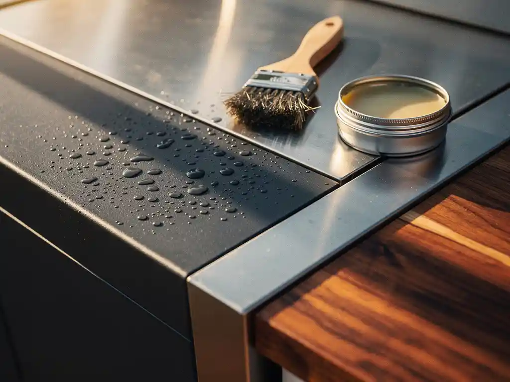Stalen buitenkeuken met waterdruppels op poedergecoat paneel, draadborsteltje en beschermende was op het aanrechtblad, warm middaglicht.