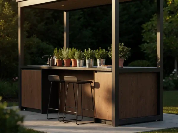 Buitenkeuken met donkere stalen frames en warme houten panelen, ingebouwde bartafel met twee barkrukken, verse kruiden en groene tuinachtergrond.