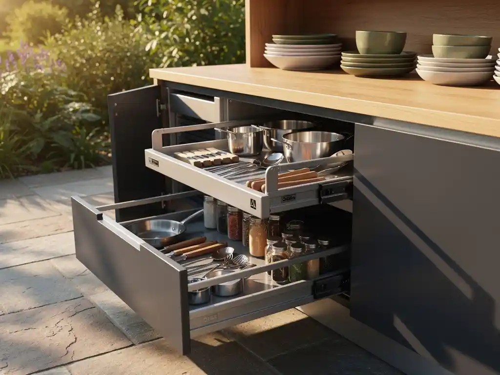 Buitenkeuken met open stalen lades vol kookgerei en kruidenpotten, warm houten planken met keramische kommen op zonnig stenen terras.