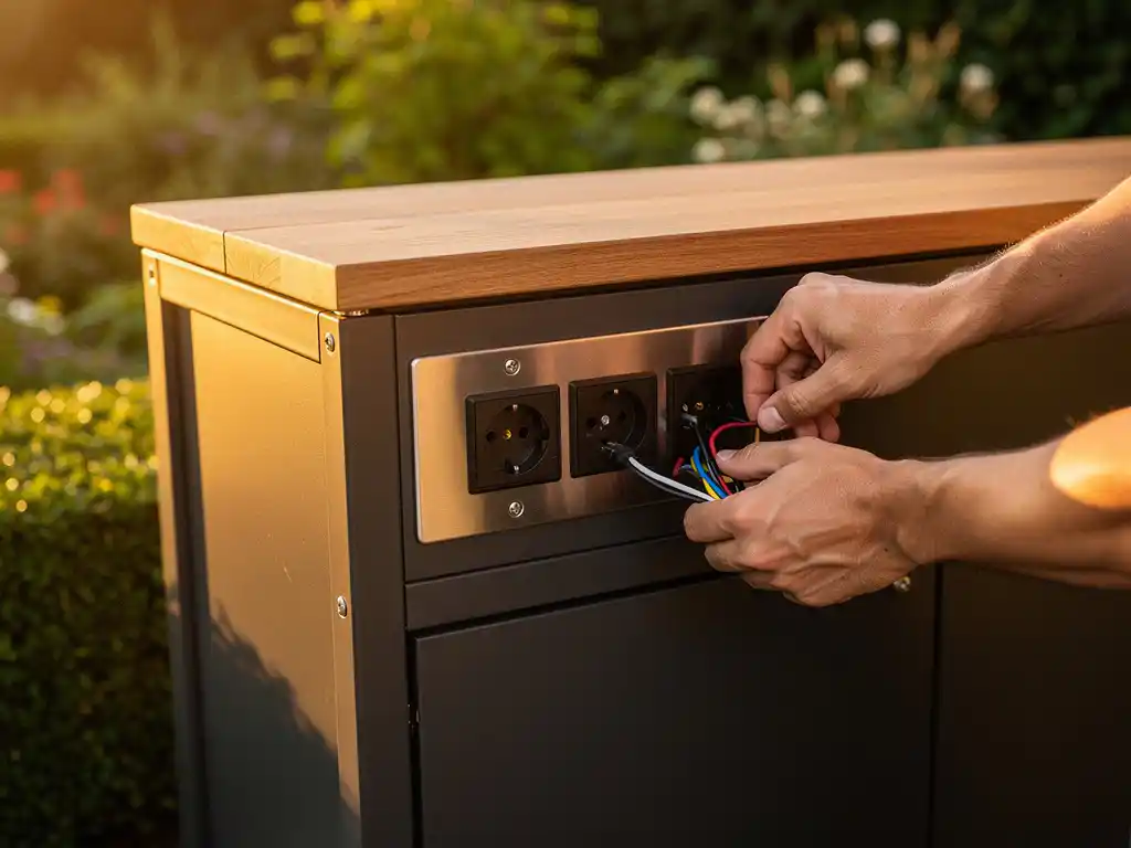 Buitenkeuken met ingebouwd roestvrij stalen stopcontactpaneel dat wordt bedraad in stalen kast, warme avondverlichting, tuin op achtergrond.