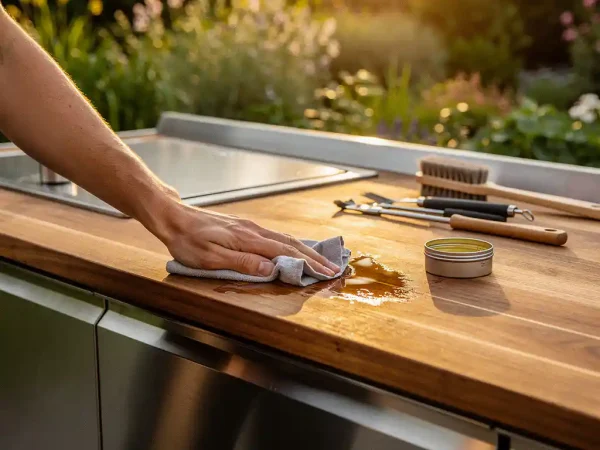 Hand die beschermende olie aanbrengt op een teakhouten aanrechtblad van een buitenkeuken, met reinigingsgereedschap en houtsealer op de voorgrond.