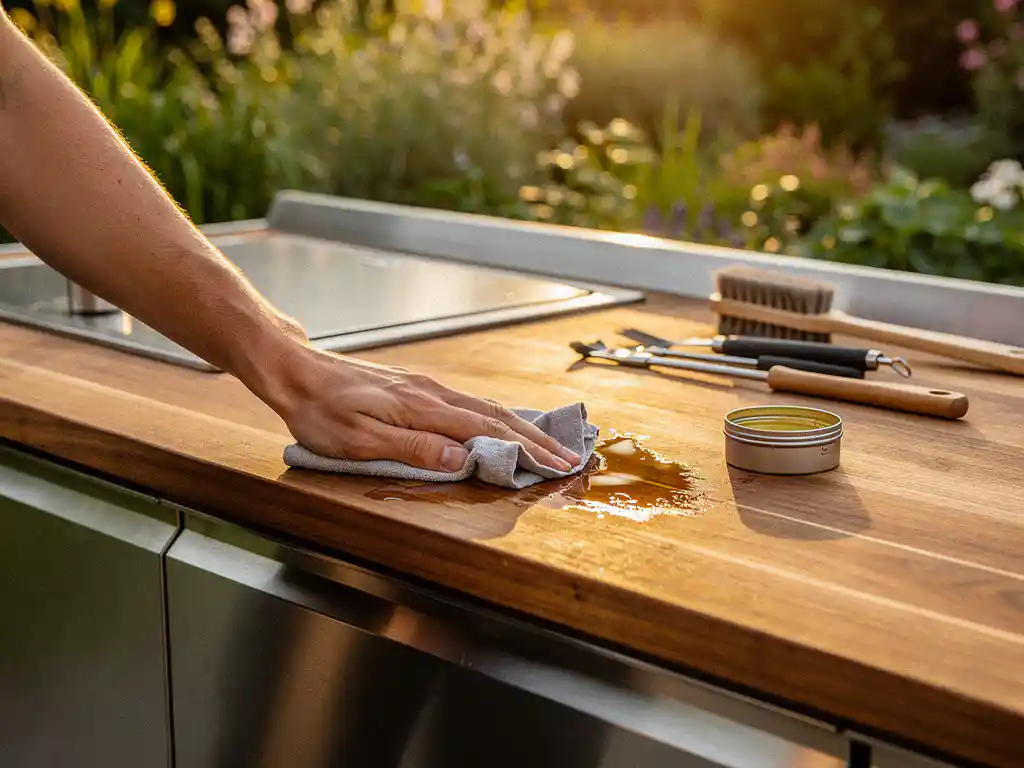 Hand die beschermende olie aanbrengt op een teakhouten aanrechtblad van een buitenkeuken, met reinigingsgereedschap en houtsealer op de voorgrond.