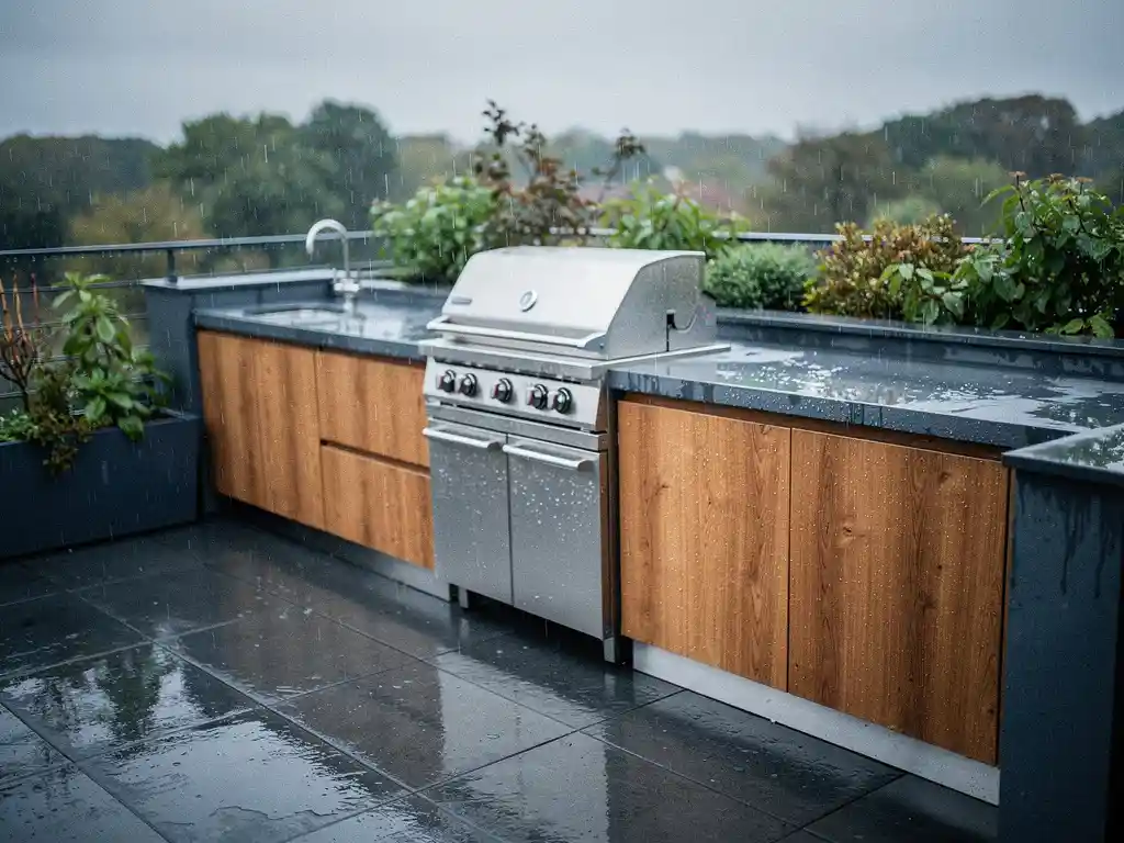 Buitenkeuken met stalen werkbladen en eiken hout nat van regen op modern terras onder bewolkte Nederlandse lucht.