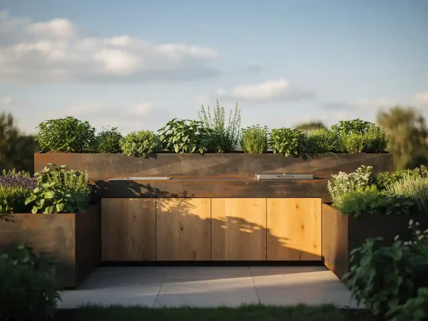 Buitenkeuken van verweerd staal en warm eikenhout met ingebouwde kruidenplanters op een zonnig terras in middaglicht.