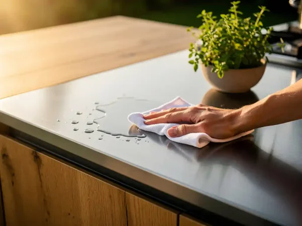 Buitenkeuken werkblad van eikenhout en geborsteld staal wordt afgeveegd, waterdruppels glinsteren in middagzon naast een schaaltje verse kruiden.