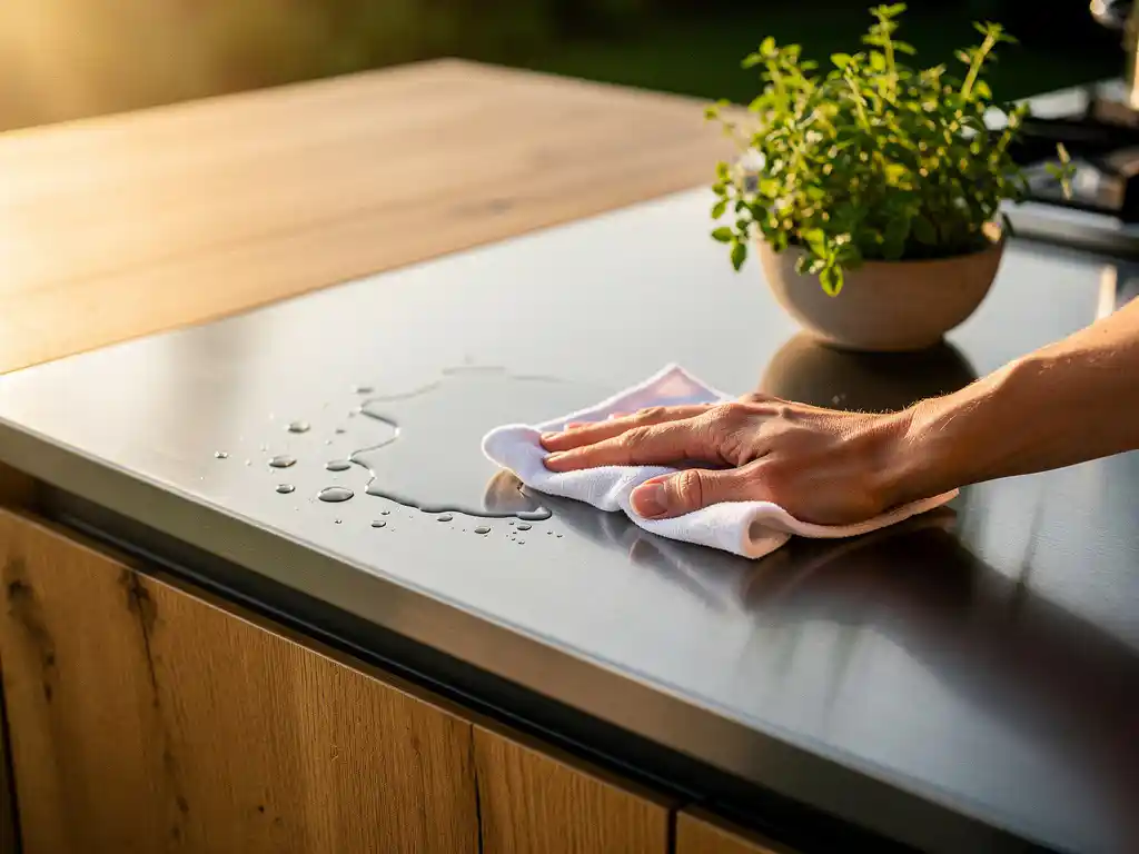 Buitenkeuken werkblad van eikenhout en geborsteld staal wordt afgeveegd, waterdruppels glinsteren in middagzon naast een schaaltje verse kruiden.