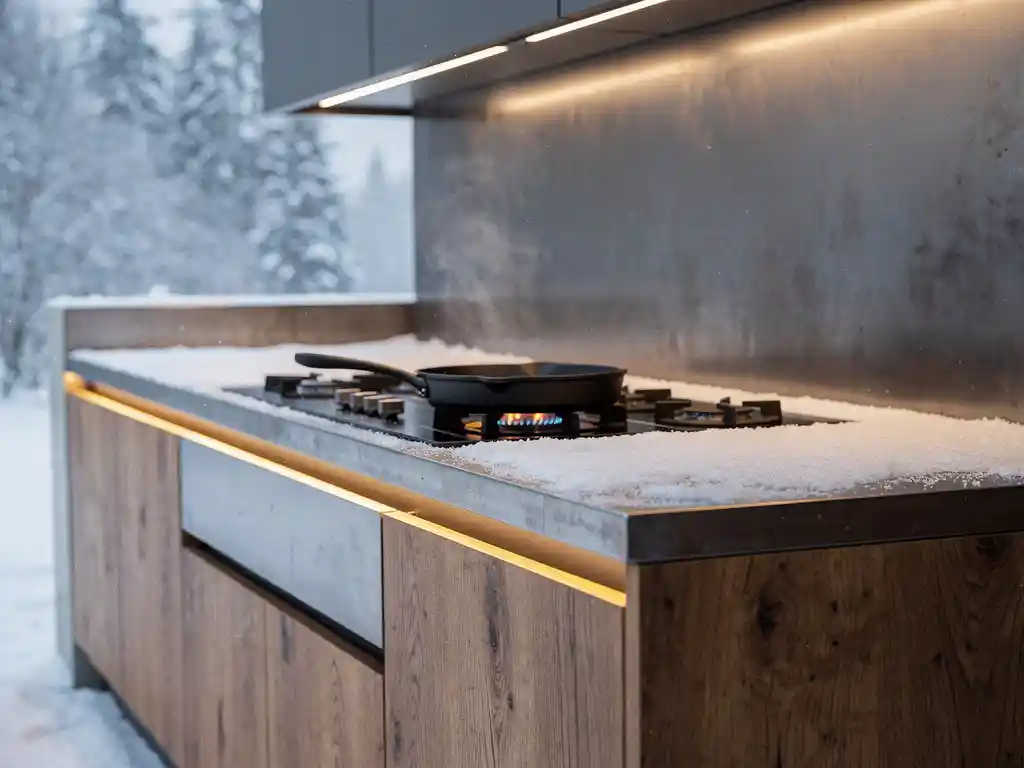 Buitenkeuken met stalen en houten aanrechtblad bedekt met lichtsneeuw, gietijzeren pan op ingebouwde brander, warm amberkleurig licht in winterse sfeer.