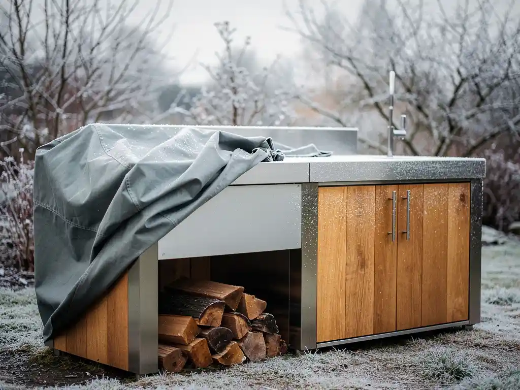 Buitenkeuken van staal en hout met lichte rijp, halfafgedekt met weerbestendig hoes, stapel brandhout ertegenaan, kale wintertuintakken op de achtergrond.