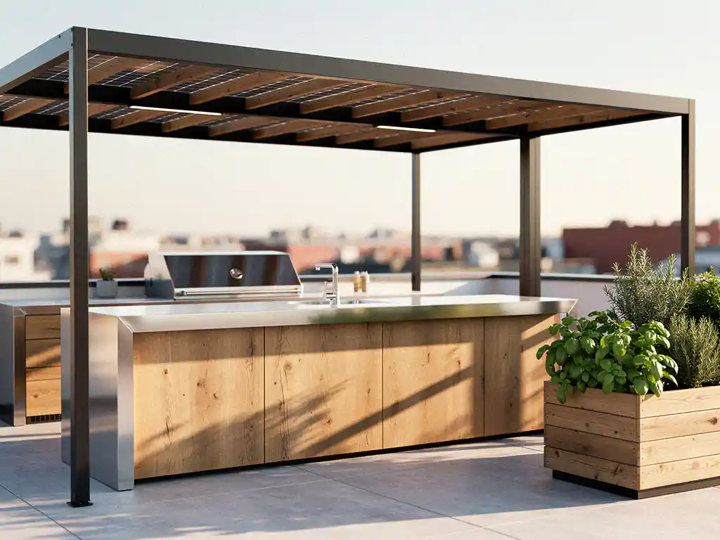 Buitenkeuken van staal en eiken hout op zonnig terras met zonnepanelen op pergola, kruidentuin en gouden-uur licht.