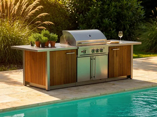 Stalen en houten buitenkeuken met ingebouwde grill aan de rand van een turquoise zwembad op een zonnig terras.