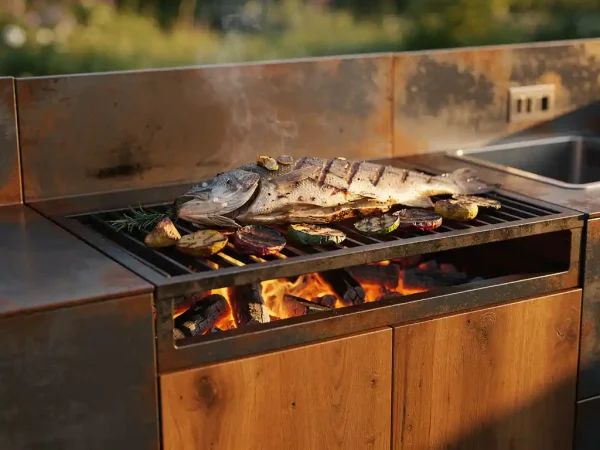 Hele gegrilde vis met verkoolde groenten op gietijzeren rooster boven gloeiende houtskoolkolen in een buitenkeuken van verweerd staal en eikenhout.