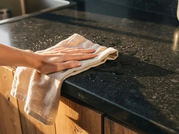 Donker granieten buitenkeuken aanrechtblad wordt afgeveegd met linnen doek, waterdruppels parelend op het gepolijste steen.