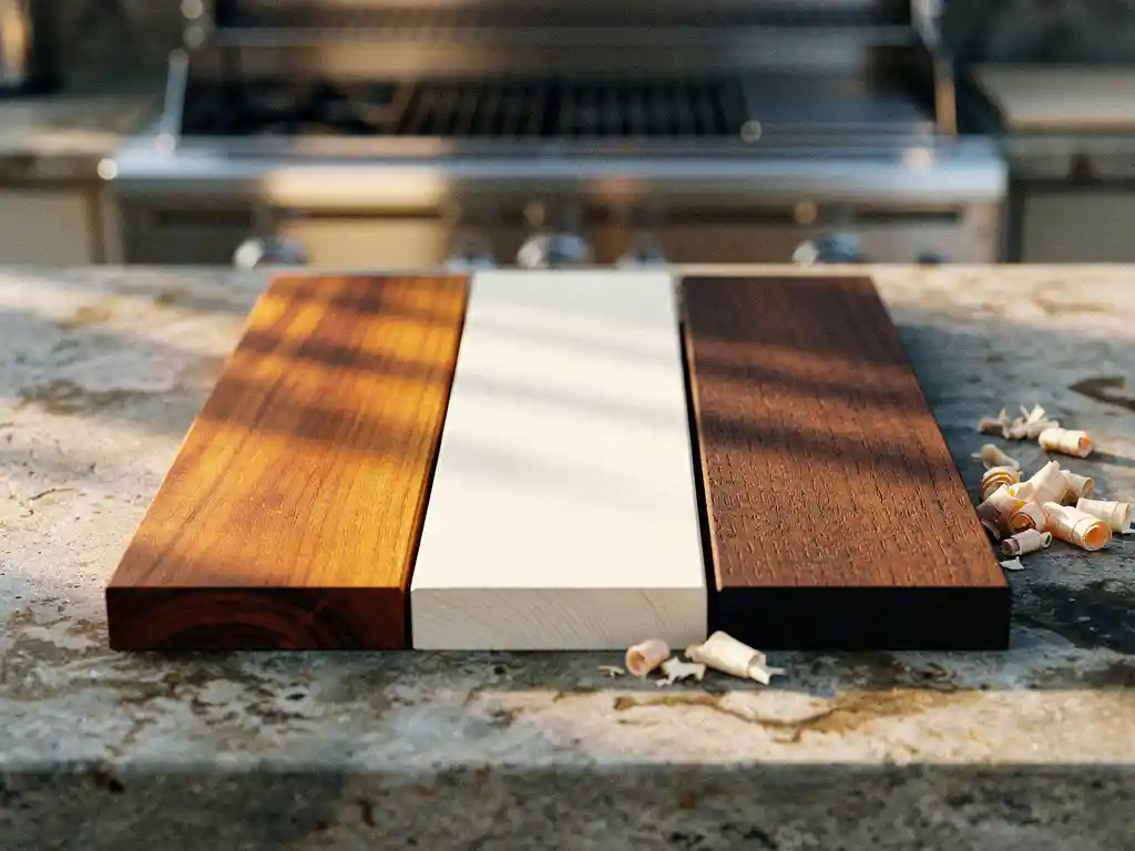 Drie houten planken van teak, accoya en iroko naast elkaar op een buitenkeuken aanrechtblad, met roestvrijstalen kookoppervlak op de achtergrond.