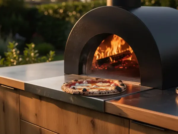 Houtgestookte pizzaoven met oranje vlammen in een strakke buitenkeuken van donker staal en eikenhout, versgebakken pizza op de stenen rand.