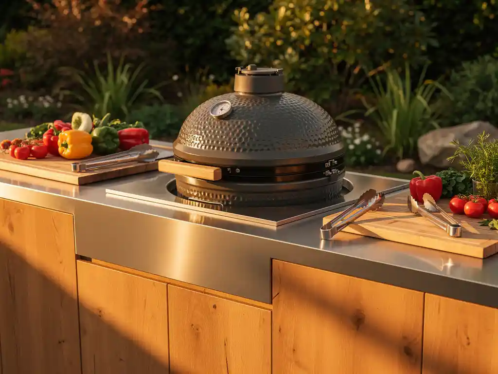 Kamado grill op een buitenkeuken met stalen en houten werkblad, snijplanken, tang en verse groenten in middagzon.