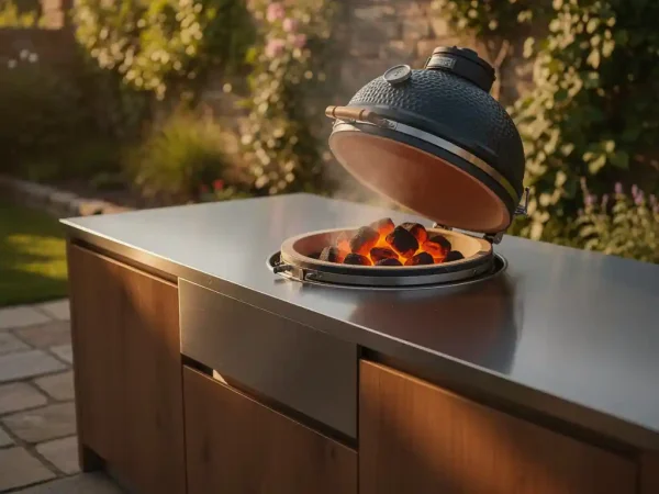 Keramische kamado-grill ingebouwd in buitenkeuken van donker staal en warm eikenhout, met gloeiende houtskool zichtbaar onder open koepeldeksel.