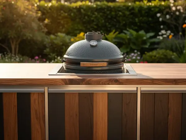 Keramische kamado-grill ingebouwd in een buitenkeuken van staal en hardhout, met een weelderige tuin op de achtergrond in middagzon.