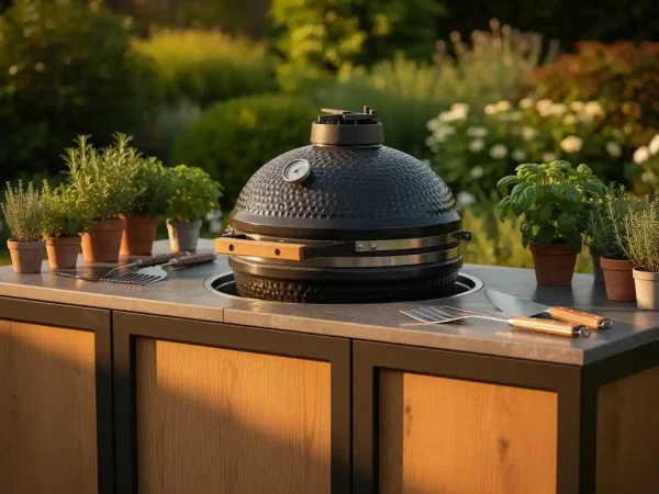 Keramische kamado-grill ingebouwd in een buitenkeuken van donker staal en eikenhout, omringd door verse kruiden en grillgereedschap in middagzon.