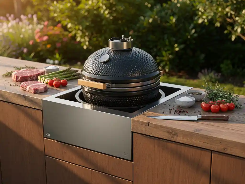 Keramische kamado-grill ingebouwd in een stalen en houten buitenkeuken, omringd door verse ingrediënten op verweerd eikenhout in middagzon.