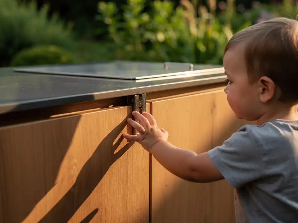Klein kind dat nieuwsgierig een buitenkeuken van staal en eikenhout aanraakt, met zichtbaar veiligheidsslot op kastdeur op kinderhoogte.