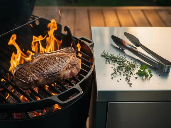Dik gesneden ribeye op gietijzeren grillrooster boven open houtvuur, met verse kruiden op stalen buitenkeuken bij schemering.