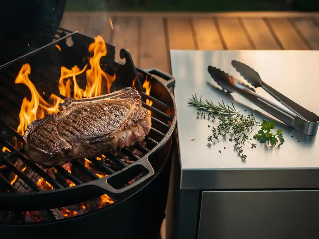 Dik gesneden ribeye op gietijzeren grillrooster boven open houtvuur, met verse kruiden op stalen buitenkeuken bij schemering.