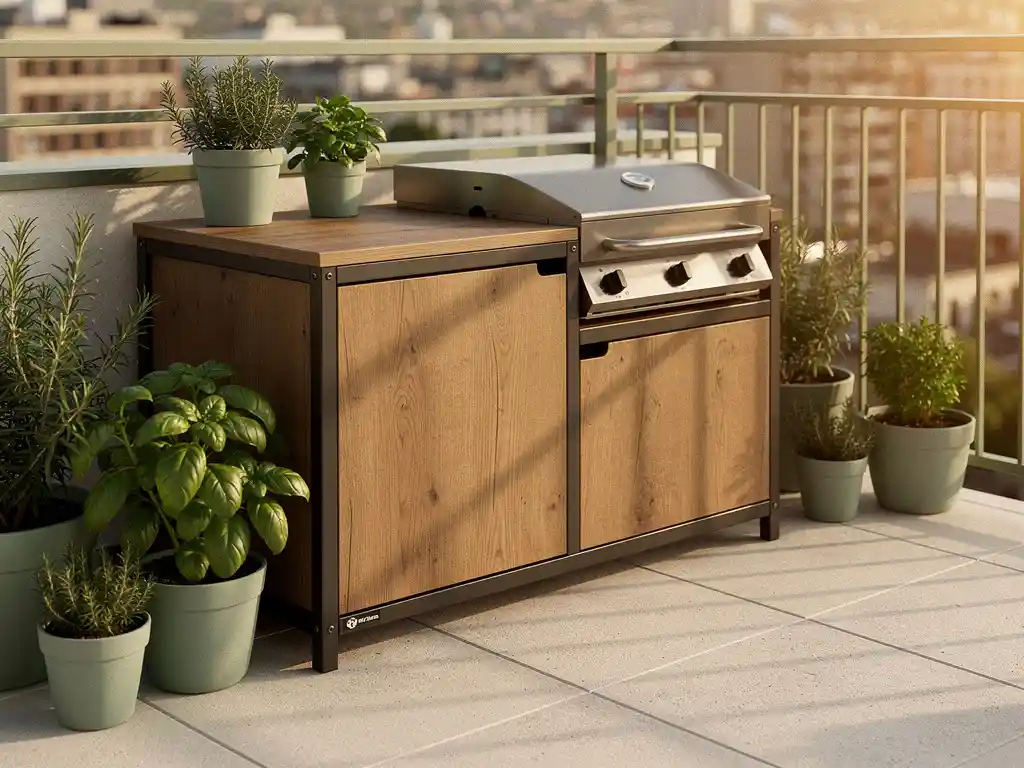 Modulaire buitenkeuken met stalen frame en eiken panelen op huurappartement balkon, omringd door kruidenpotten in middagzon.
