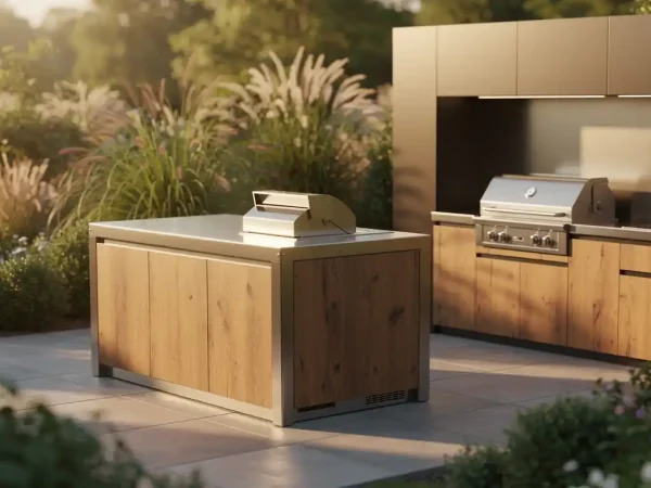 Vrijstaande modulaire buitenkeuken van staal en warm hout op een zonnig terras, met ingebouwde keuken tegen strakke muur en weelderig groen.