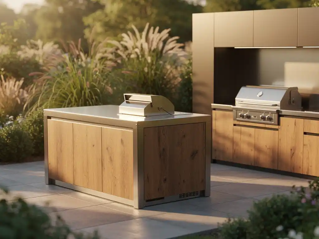 Vrijstaande modulaire buitenkeuken van staal en warm hout op een zonnig terras, met ingebouwde keuken tegen strakke muur en weelderig groen.