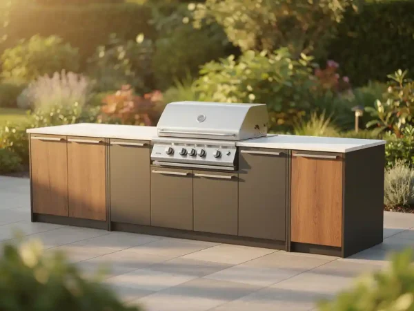 Modulaire buitenkeuken met stalen panelen, eiken accenten en ingebouwde grill op een zonnig terras, omgeven door weelderig groen.