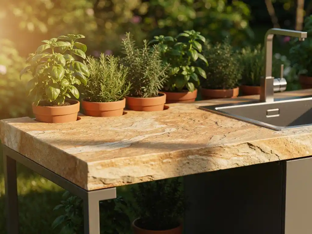 Natuurstenen aanrechtblad op buitenkeuken met kruidenpotten, geborsteld stalen spoelbak en zachte tuinachtergrond in middagzon.