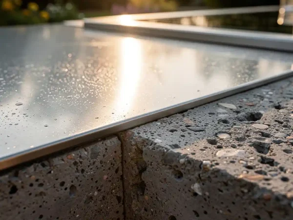 Roestvrijstalen buitenkeukenblad naast ruw betonoppervlak op zonnig terras, waterdruppels op staal, warme middaglichtval.