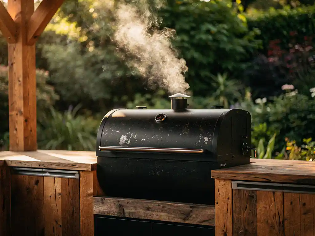 Dikke rookkolom stijgt op uit een zwarte stalen smoker in een luxe buitenkeuken met houten accenten en groene tuinachtergrond.