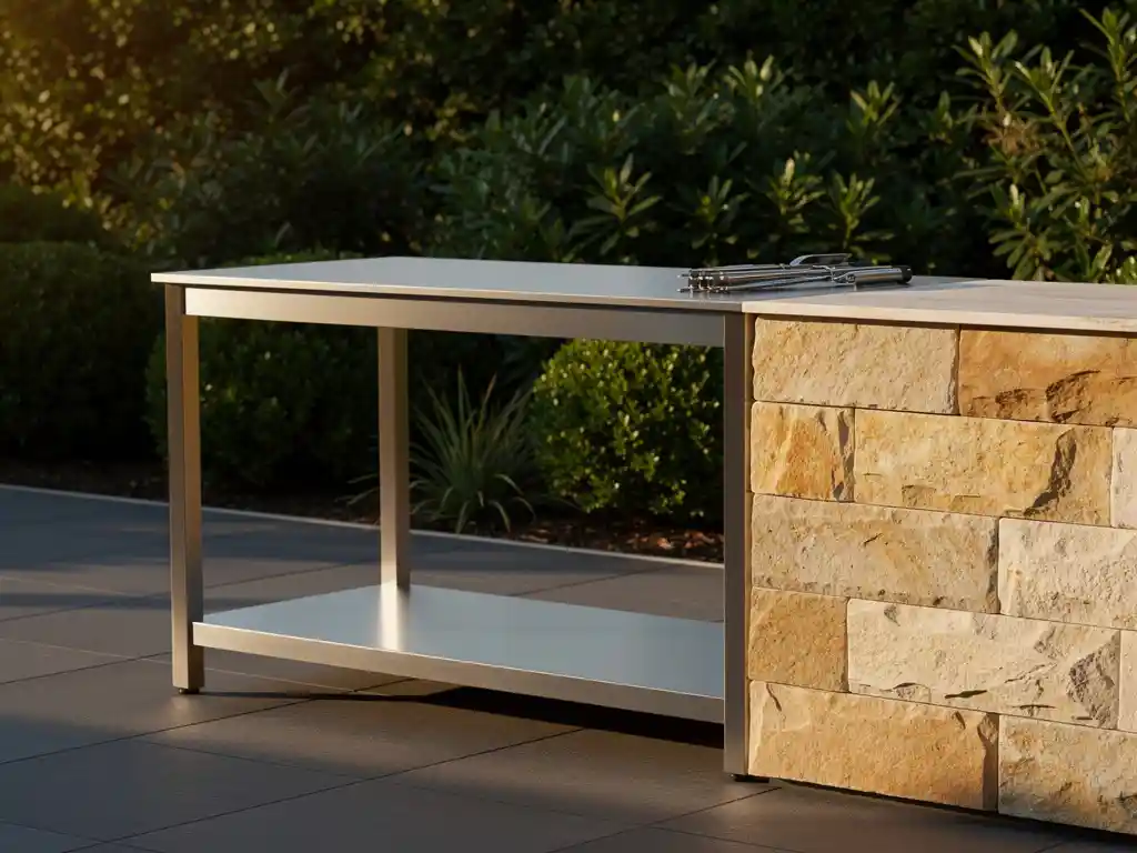 Stalen buitenkeuken frame naast een stenen buitenkeuken op een zonnig terras, omgeven door weelderig groen met grillgereedschap op het oppervlak.