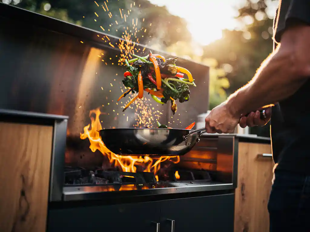 Ervaren kok die groenten wokt in een koolstofstalen wok boven open vuur in een stijlvolle buitenkeuken van staal en hout.