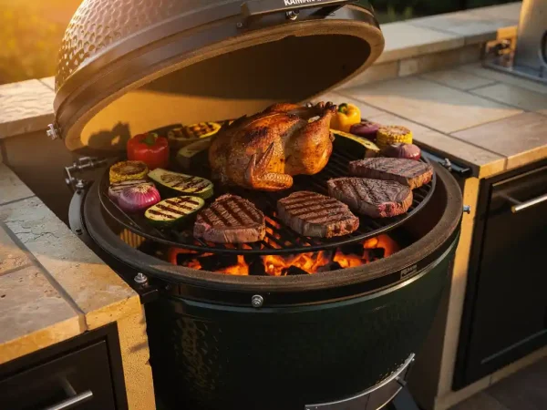 Ganzes Hähnchen, Ribeye-Steaks und gegrilltes Gemüse auf einem Kamado-Grill mit glühenden Kohlen in einer Outdoor-Küche.
