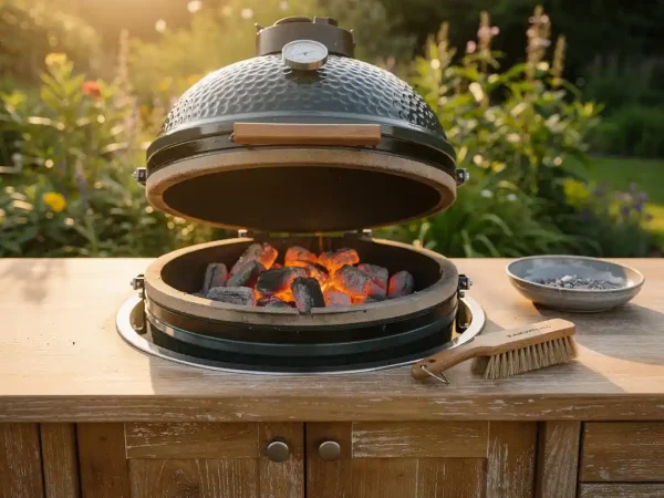Kamado-Grill aus Keramik mit geöffnetem Deckel und glühenden Kohlen, auf einer verwitterten Teak-Outdoorküche im Abendlicht.