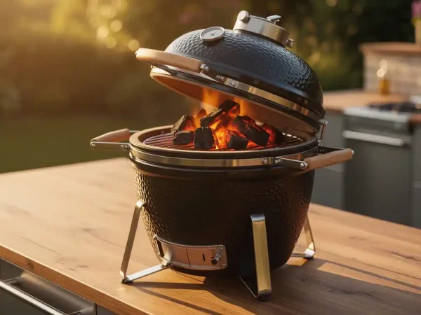 Schwarzer Keramik-Kamado-Grill auf Holzarbeitsplatte mit leicht geöffnetem Deckel und glühenden Holzkohleglut im Inneren.