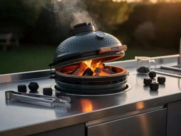 Keramische kamado-grill met gloeiende houtskool en licht openstaande deksel, rookwolkjes ontsnappe op een stalen buitenkeuken bij gouden avondlicht.
