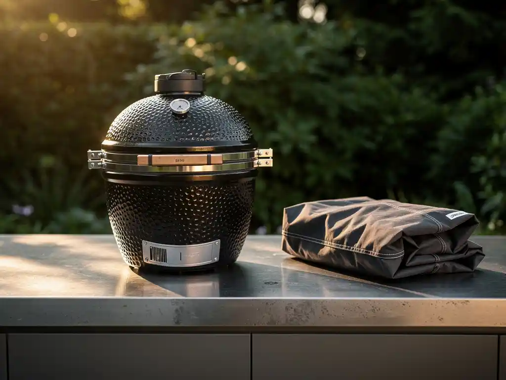 Keramik-Kamado-Grill auf Outdoor-Küche mit Morgentau, gefaltete Schutzhülle daneben, üppiges Gartengrün im Hintergrund.