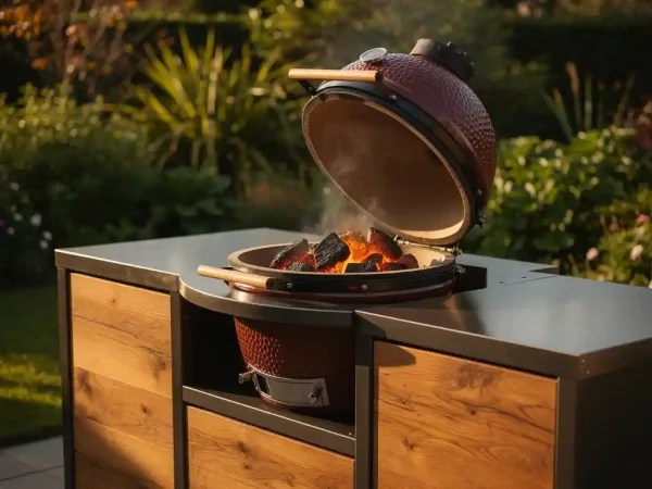 Keramik-Kamado-Grill in moderner Outdoorküche aus Stahl und Holz mit glühender Holzkohle, Gartenpflanzen im Hintergrund.