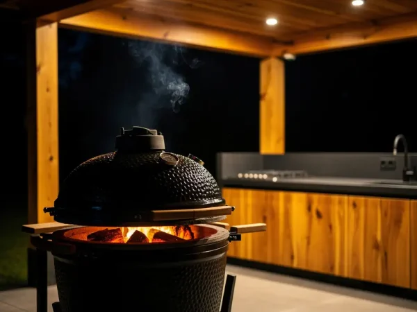 Keramik-Kamado-Grill mit glühenden Embers unter einem Holzpavillon, Rauch steigt zur Decke auf, Outdoor-Küche im Hintergrund.