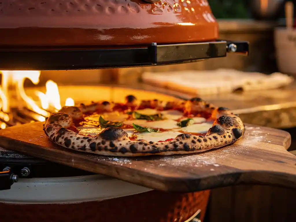Knusprig gebackene Pizza mit Mozzarella und Basilikum wird vom Holzschieber auf einen glühenden Kamado-Grill geschoben.