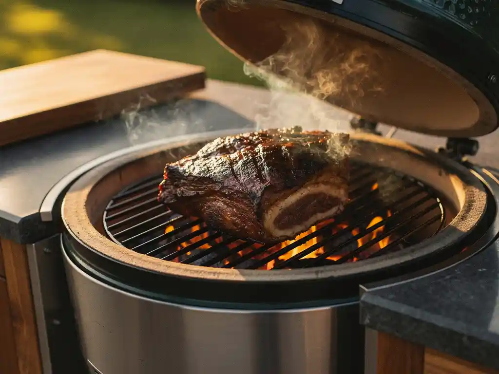 Keramik-Kamado-Grill mit glühenden Kohlen und Schweineschulter auf dem Rost, umgeben von Rauch, auf einer Outdoor-Küche aus Stahl und Holz.